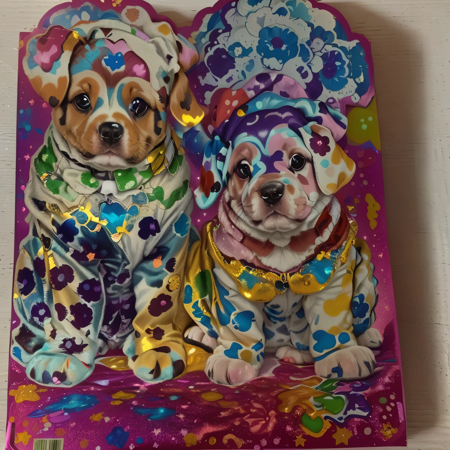 create a sticker with two dalmartian puppies on it there spots are different colors like pink, orange, blue, yellow, leslie david and lisa frank, lisa frank style, lisa - frank, inspired by Lisa Frank, , portrait of a lisa frank, should be shiny and glittery sticker
