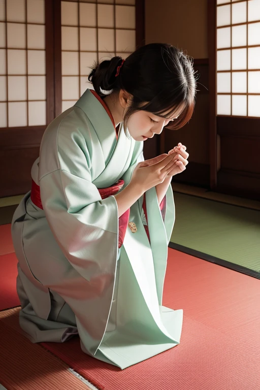 A beautiful Japanese woman bowing to the Taegeukgi