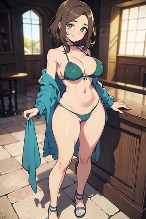 masterpiece, best quality, finely detailed, beautiful, Flat colors, detailed texture, detailed face, a girl, short very light brown hair, dark green eyes, smiling, big breasts, blue bikini, big ass, big pussy, blue sandals, standing, in a room