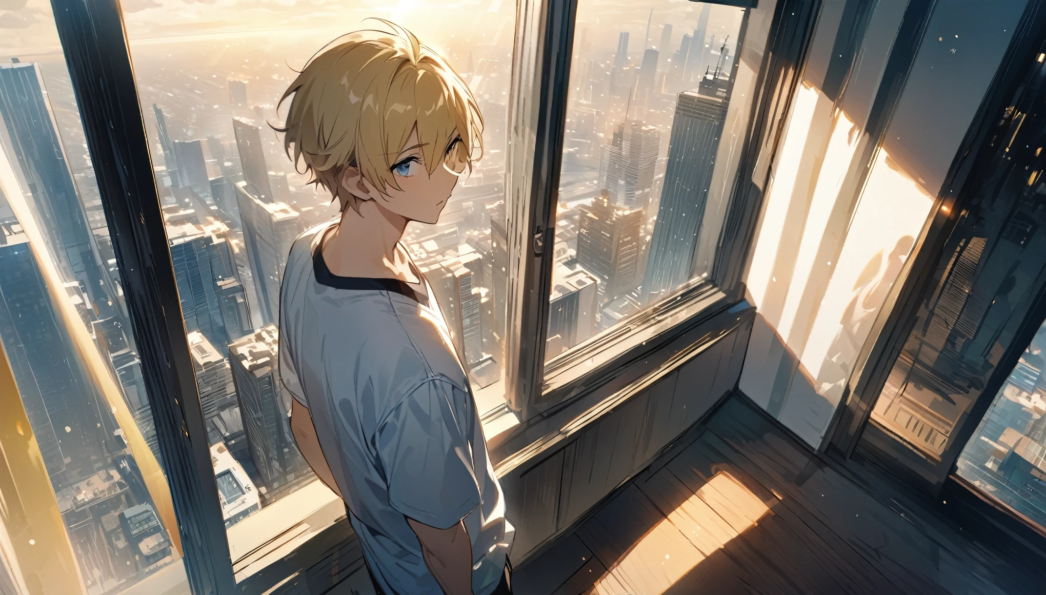(masterpiece、highest quality)、Midsummer、skyscraper,window,Young man、The gaze is looking outside、Yellowish sunlight,Outside is blue、he、Like a character from Makoto Shinkai's animated film、The painting is detailed and full of emotion.。