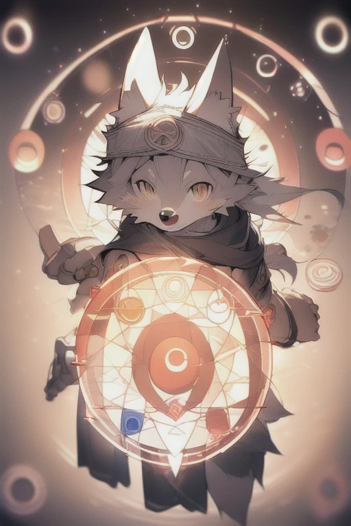 (masterpiece,best quality,perfect anatomy),detailed background,hi res,nj5furry,kemono,
solo,male anthro wolf,cloak,topless,shorts,laugh,looking at viewer,
dark theme,backlight,(circle light:1.4),magic,
