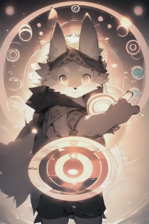 (masterpiece,best quality,perfect anatomy),detailed background,hi res,nj5furry,kemono,
solo,male anthro wolf,cloak,topless,shorts,laugh,looking at viewer,
dark theme,backlight,(circle light:1.4),magic,