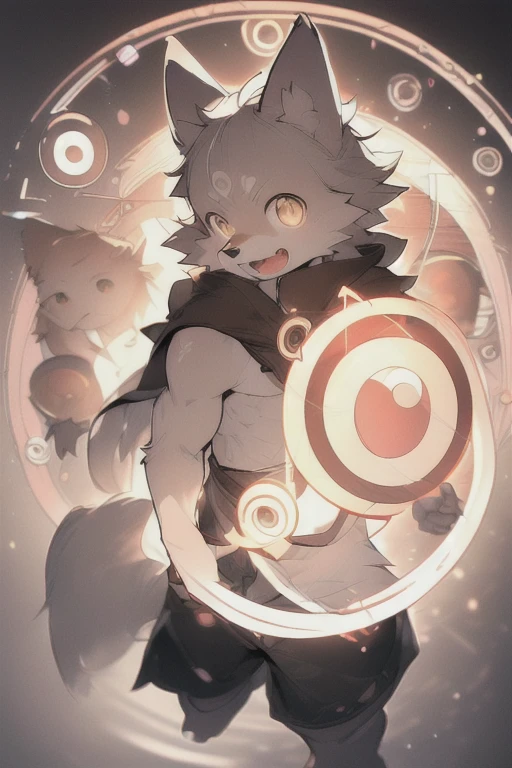 (masterpiece,best quality,perfect anatomy),detailed background,hi res,nj5furry,kemono,
solo,male anthro wolf,cloak,topless,shorts,laugh,looking at viewer,
dark theme,backlight,(circle light:1.4),magic,