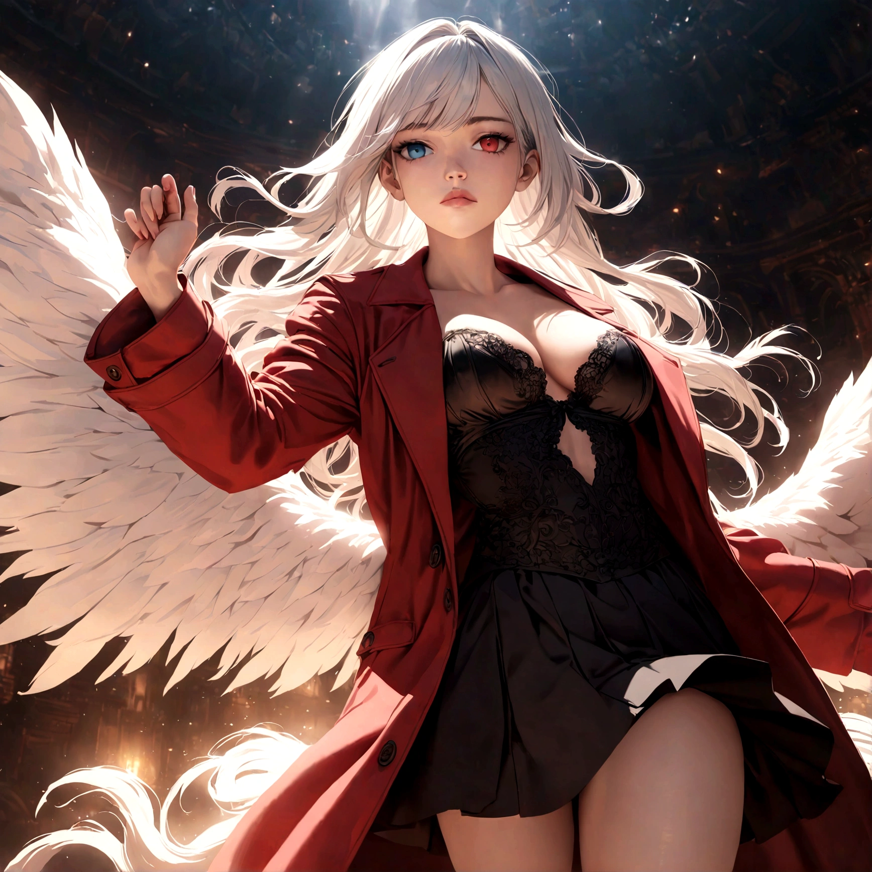 A beautiful detailed white-haired fox woman wearing a red trenchcoat, black bustier, and black skirt, and angel wings, hyper-realistic, 8k, cinematic lighting, dramatic atmosphere, rich colors, intricate details, masterpiece, has heterochromia