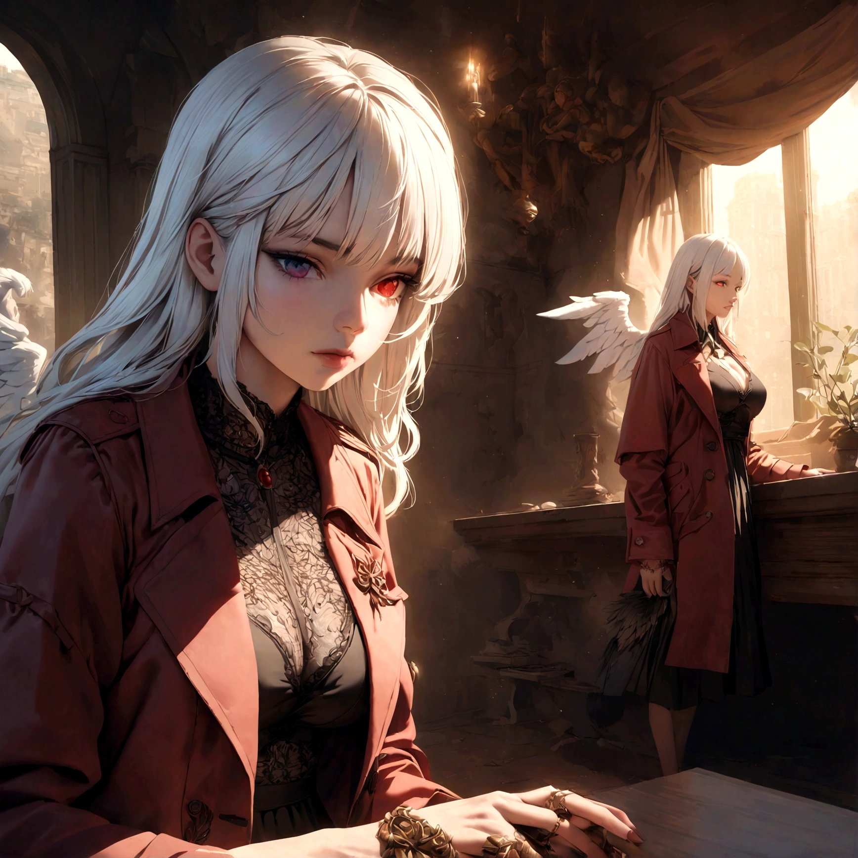 A beautiful detailed white-haired fox woman wearing a red trenchcoat, black bustier, and black skirt, and angel wings, hyper-realistic, 8k, cinematic lighting, dramatic atmosphere, rich colors, intricate details, masterpiece, has heterochromia