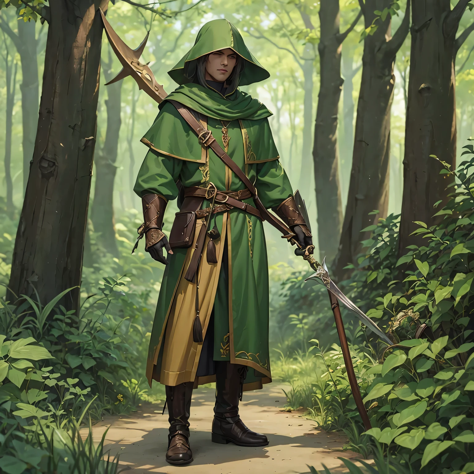 Roupas de eremita, estilo D&D, estilo medieval, roupas leves em verde e preto, homem cabelos brancos  longos. Roupas de combate,com braceletes pretos