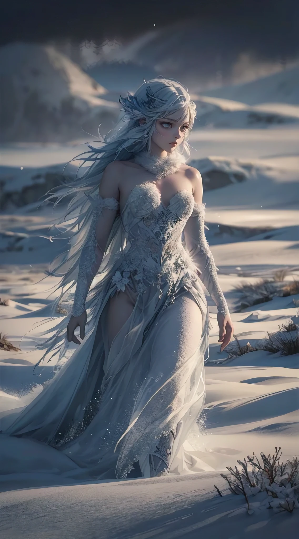 A stunning, photorealistic illustration of an enigmatic snow elemental roaming the vast Siberian tundra. The elemental takes the form of a beautiful, otherworldly female figure, her skin a stark contrast to the icy environment. Her eyes are a deep, captivating blue, and her long hair blends seamlessly into the snow. She wears a delicate, translucent gown that shimmers in the frigid air. The tundra is depicted with intricate detail, showcasing the beauty and harshness of the landscape., illustration