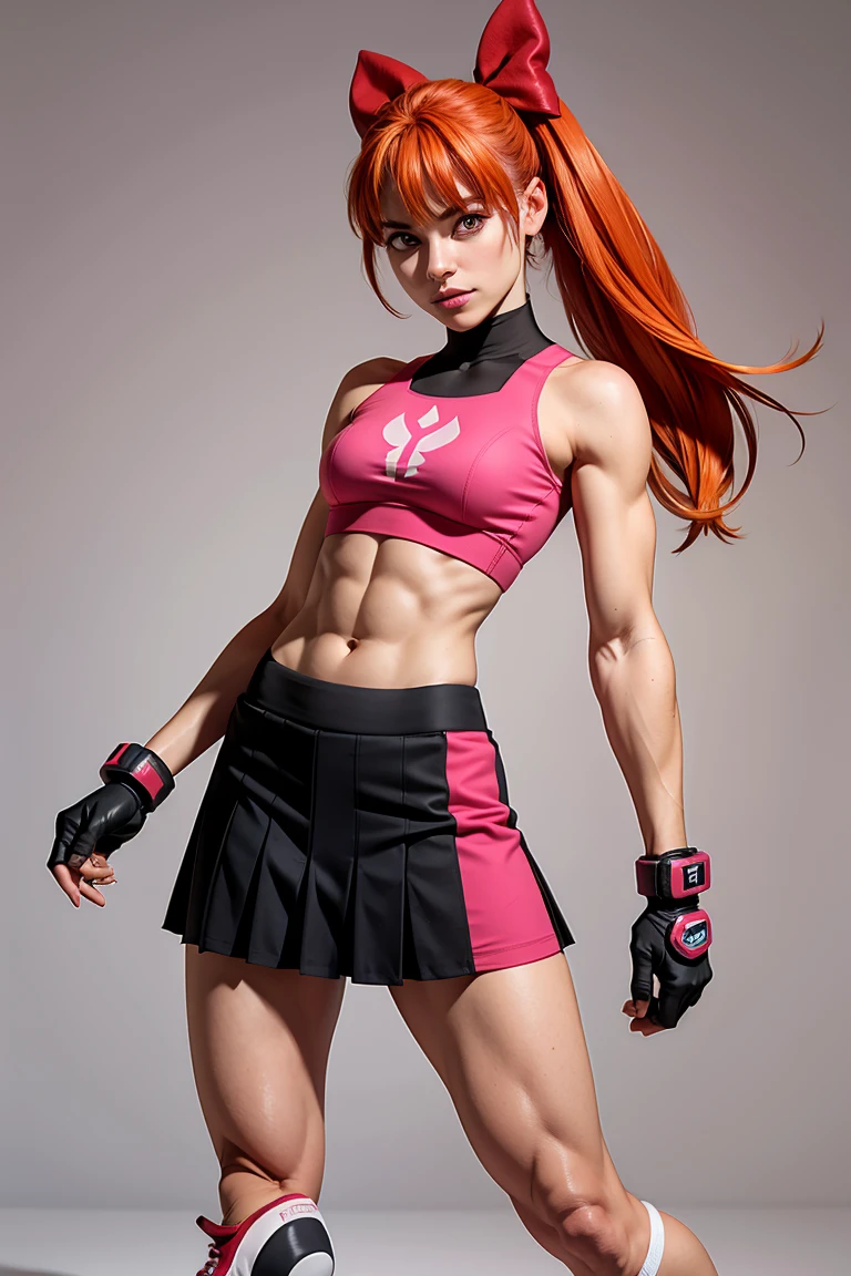 midriff, toned arms, smug, abs, fingerless gloves, skirt, , pink converse shoes, Blossom