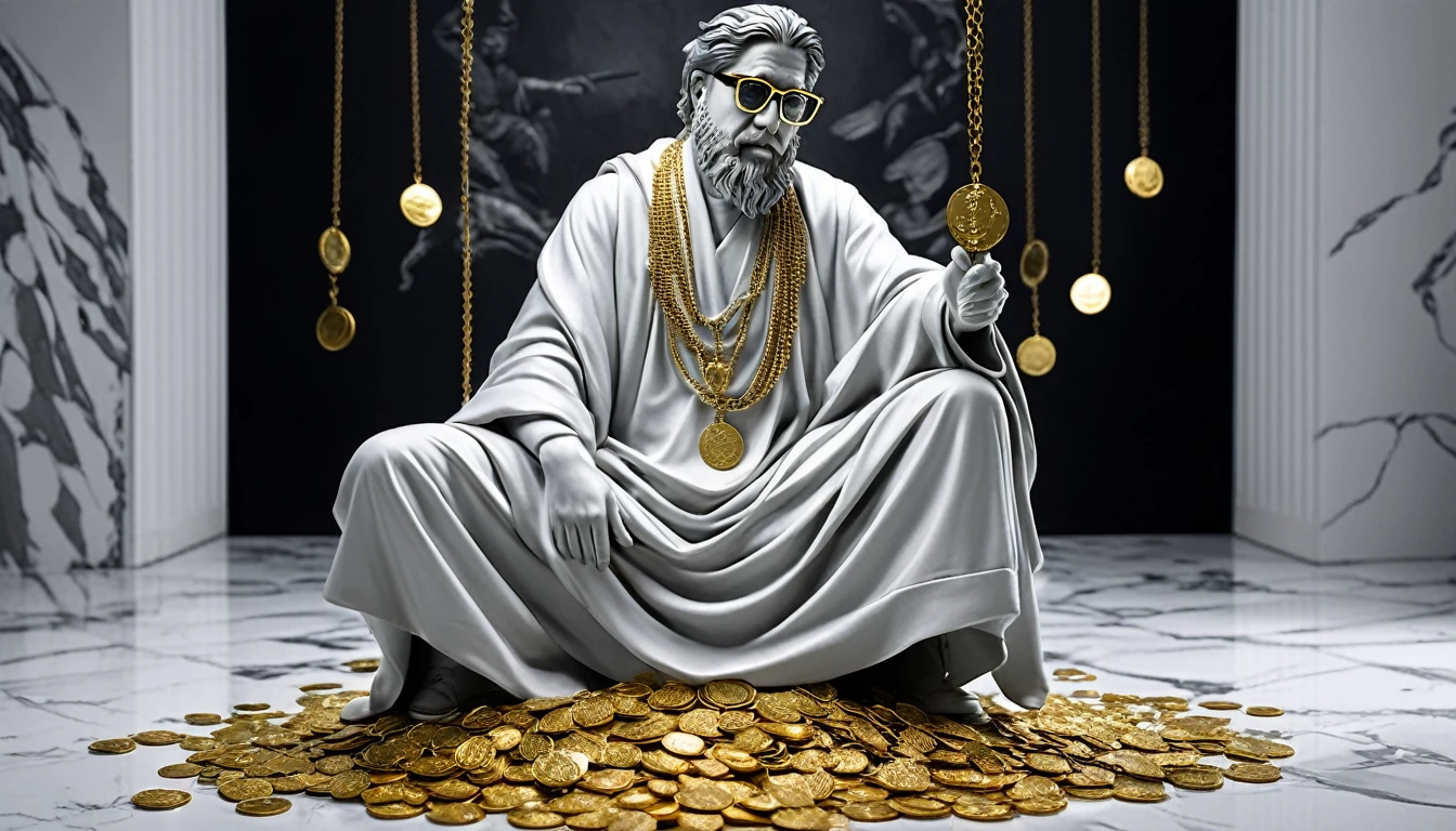 I want a sculpture of stoic philosophers Ghost as Studio Producer with a black and white background. The picture should focus on the philosphers holding money or in a meeting and showing wealth. It should be a full-body sculpture with walls or buildings in the back ground. Hyper realistic wearing the gold chain glasses several gold coin scattered on the floor Best for creating fairy horse style and sharp lines.