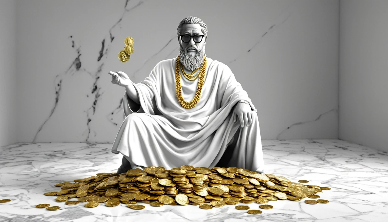 I want a sculpture of stoic philosophers Ghost as Studio Producer with a black and white background. The picture should focus on the philosphers holding money or in a meeting and showing wealth. It should be a full-body sculpture with walls or buildings in the back ground. Hyper realistic wearing the gold chain glasses several gold coin scattered on the floor Best for creating fairy horse style and sharp lines.