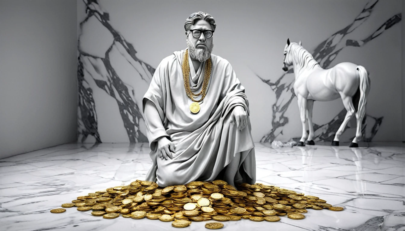 I want a sculpture of stoic philosophers Ghost as Studio Producer with a black and white background. The picture should focus on the philosphers holding money or in a meeting and showing wealth. It should be a full-body sculpture with walls or buildings in the back ground. Hyper realistic wearing the gold chain glasses several gold coin scattered on the floor Best for creating fairy horse style and sharp lines.