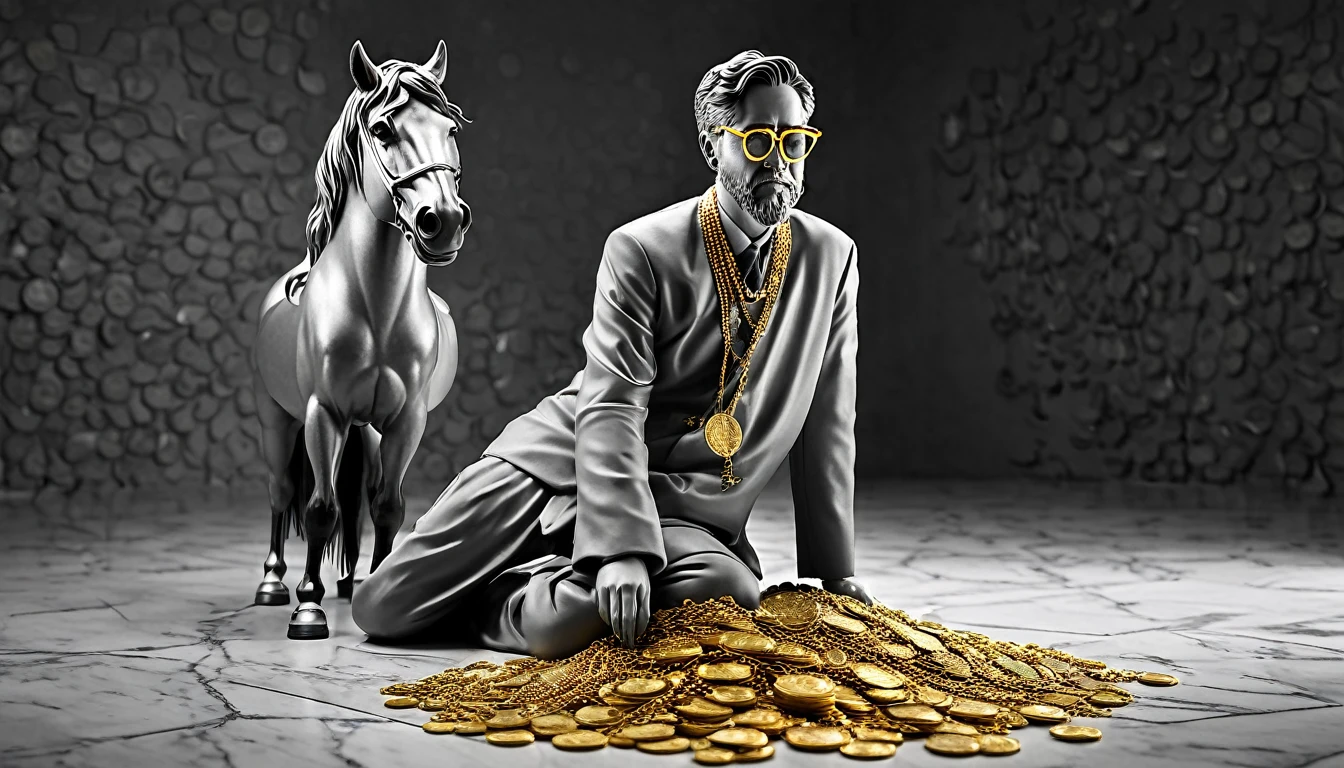 I want a sculpture of stoic philosophers Ghost as Studio Producer  with a black and white background. The picture should focus on the philosphers holding money or in a meeting and showing wealth. It should be a full-body sculpture with walls or buildings in the back ground. Hyper realistic wearing the gold chain glasses several gold coin scattered on the floor Best for creating fairy horse style and sharp lines.
