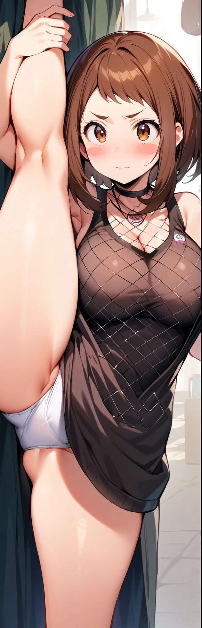 (masterpiece, best quality:1.2), 1girl, solo,standing_split,
ochako uraraka, brown eyes, brown hair, short hair, blush, blush stickers, sleeveless clothing,Sleeveless shirt,( fishing net garment), Unzip the jacket,large breasts, detail_face, eyeslashes, shinny hair,,Konoha logo on the neck