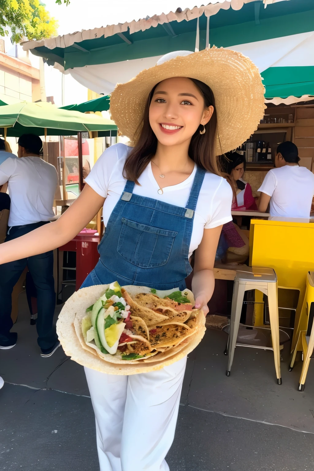((Best quality, 8k, Masterpiece :1.3)), Tasty:1.2, mouthwatering tacos with emphasis on juicy meat:1.3, Crunchy shell:1.2, freshly prepared, ((Authentic Mexican Street Food Style, colorful toppings: 1.3)), ultra-delicate tortilla, succulent salsa, perfectly shredded lettuce, ripe avocado slices, grated cheese, sour cream drizzle, detailed face of the vendor, beautiful eyes, friendly smile, white apron, straw sombrero, black pants, brown shoes, from below.
((Best quality, 8k, Master