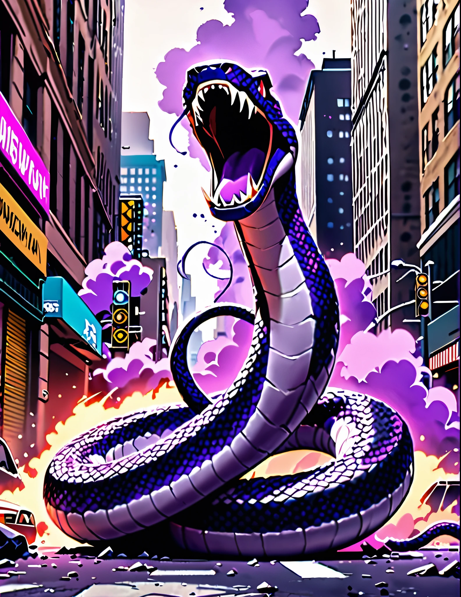 masterpiece, best quality, highres, 1animal, giant purple snake, saw-scaled viper, destruction, new York Street, mouth open, fangs, purple mist.