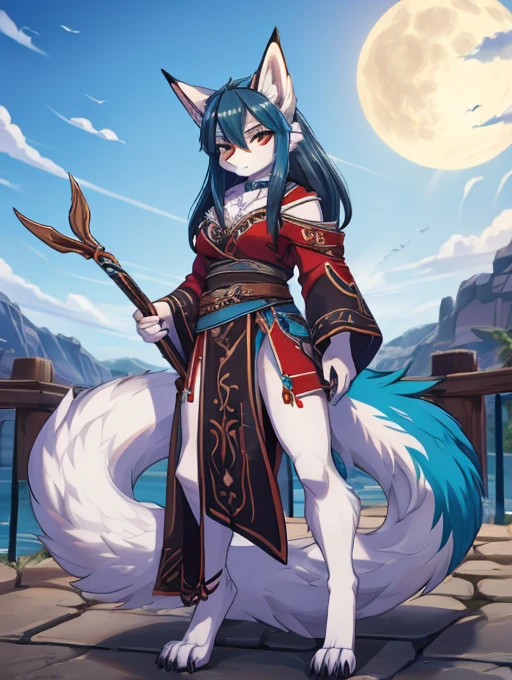 Setsuna, clan de los lobos gelidos, 18 years old women, alta definicion, orejas de kitsune, alta definicion, delantal blanco, fullbody picture alta definicion.