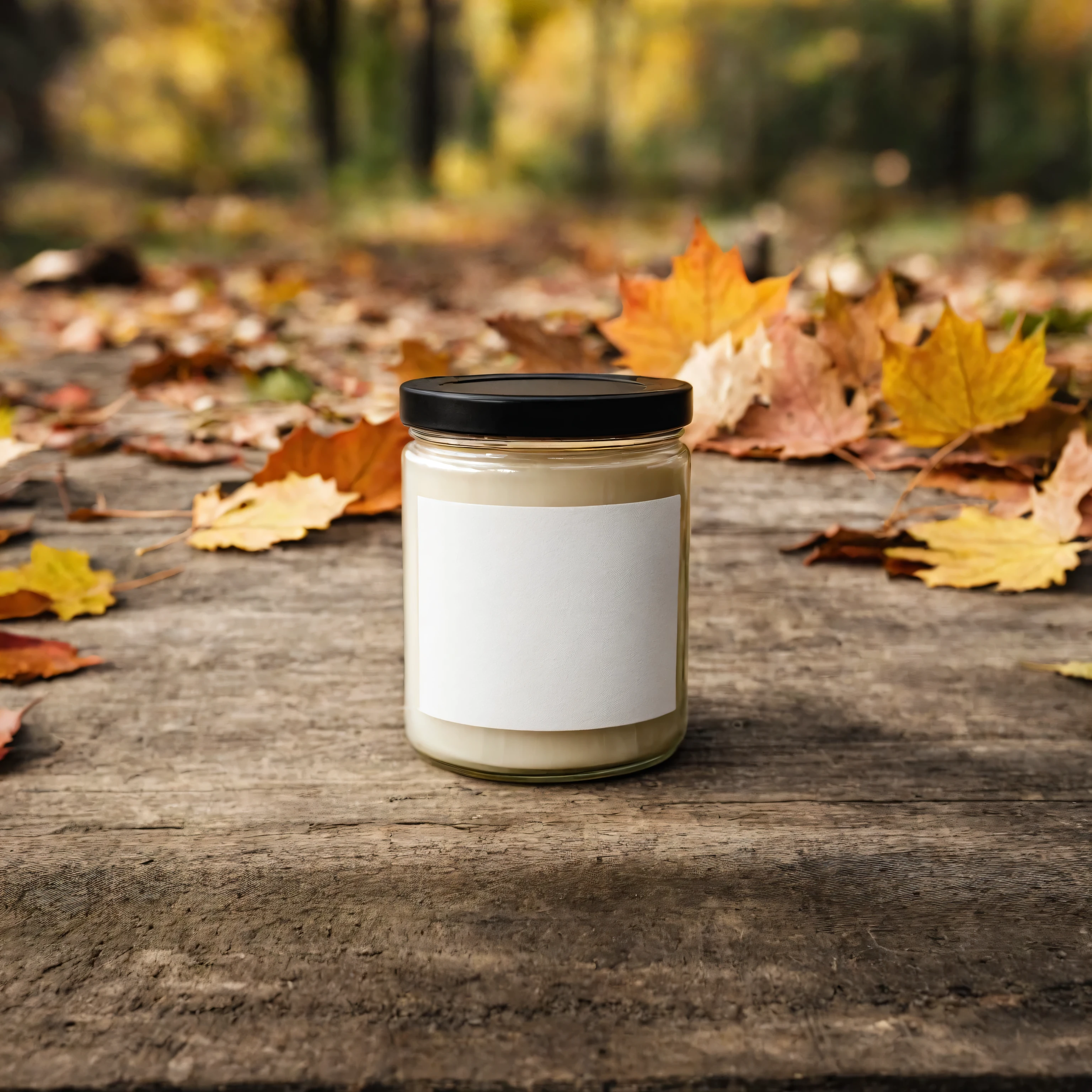 Mockup empty, a blank beige candle in a jar with white label and black lid standing on a rustic wooden surface, with autumn garden in the background, 