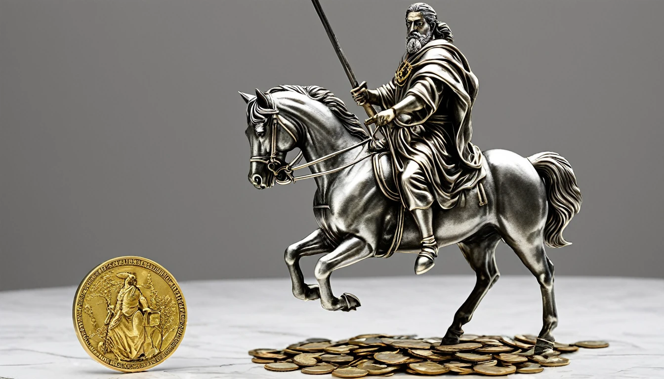 I want a sculpture of stoic philosophers Ghost as Studio Producer riding a horse and holding a coin in the shape of a sword with a black and white background. The picture should focus on the philosphers holding money or in a meeting and showing wealth. It should be a full-body sculpture with walls or buildings in the back ground. Hyper realistic wearing the gold chain glasses several gold coin scattered on the floor Best for creating fairy horse style and sharp lines.