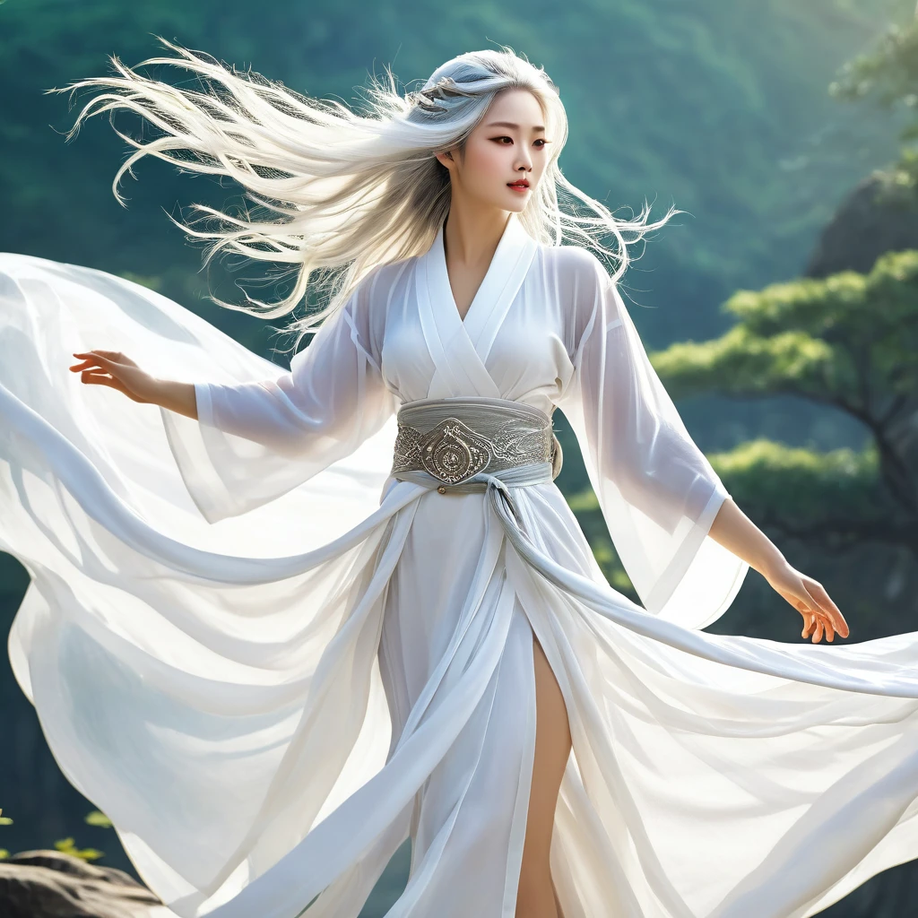 A beautiful female emperor, crystal clear skin, beautiful appearance, deep wisdom in her eyes, as if she has seen through everything in the world, dressed in a gorgeous white robe, holding a long sword, dancing robes in the breeze and silver hair fluttering in the wind, the white robe perfectly outlines the graceful figure, the demeanor is gentle and idyllic, like a flawless fairy