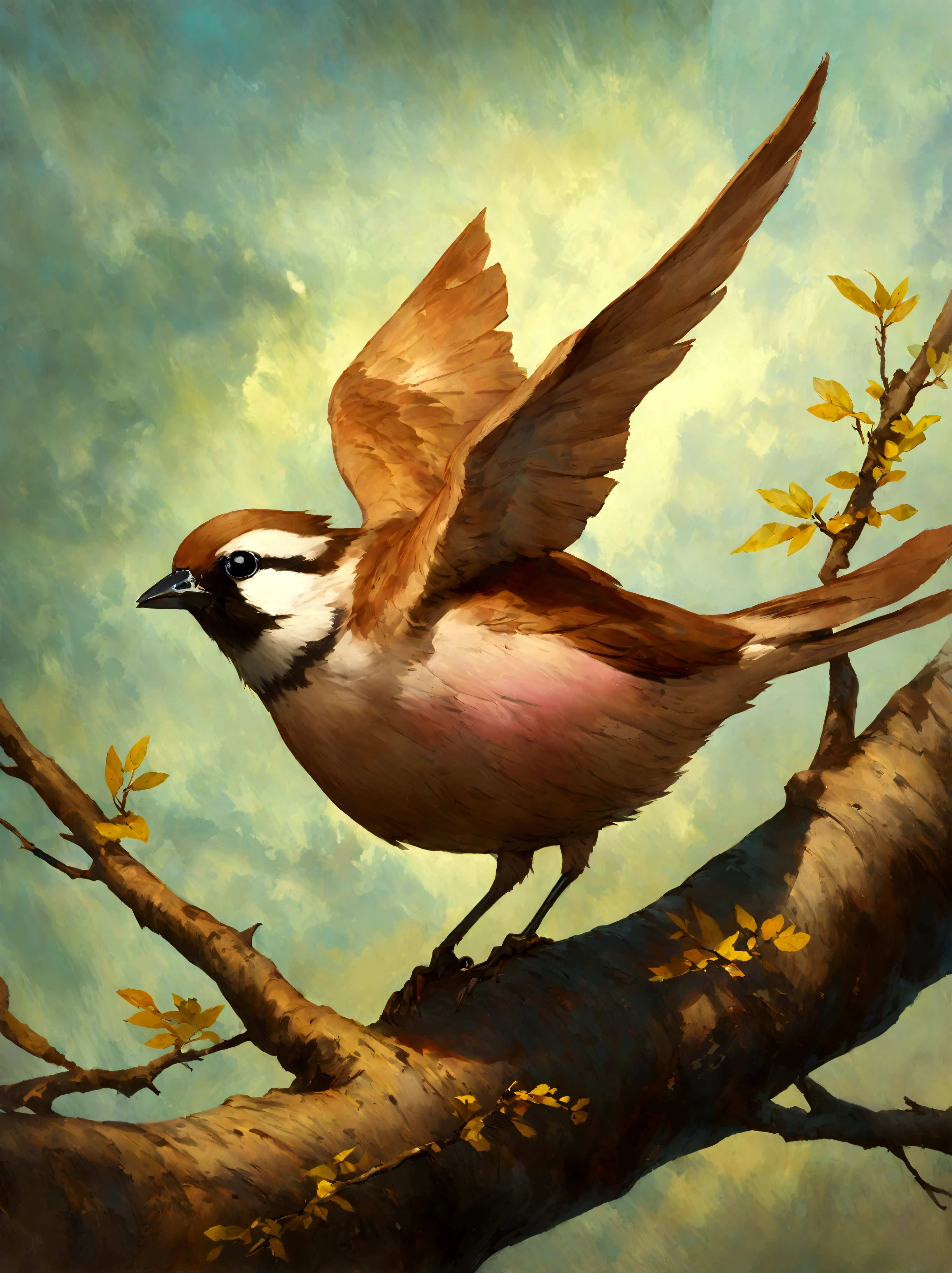 painting of a bird with a pink breast sitting on a branch, a pastel by David Park, Artstation, fine art, painted in acrylic, oil painted, oil painting!!!, acrylic, “ painting, acrylic painting, oil on board, covered in oil painting, beautiful!!!!!!!!!, acrylic and oil painting, very stylized, an oil paiting of a sparrow