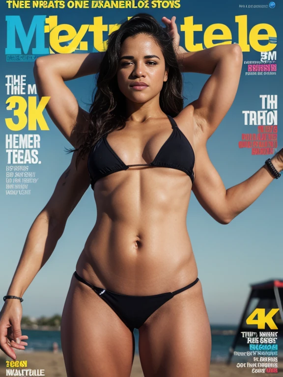 Dslr photo, (8k, 4k, masterpiece), beautiful pretty sexy tough athletic woman, standing posing in studio, front view, (solo, 1girl), (one person),(one body), bikini, wide shoulders, (michelle rodriguez), (muscular), (extraarms:1.2), (woman with 4 arms:1.2), (top hands on head), (bottom hands on stomach), (m1ch3ll3r-v2), fitness magazine feature, 