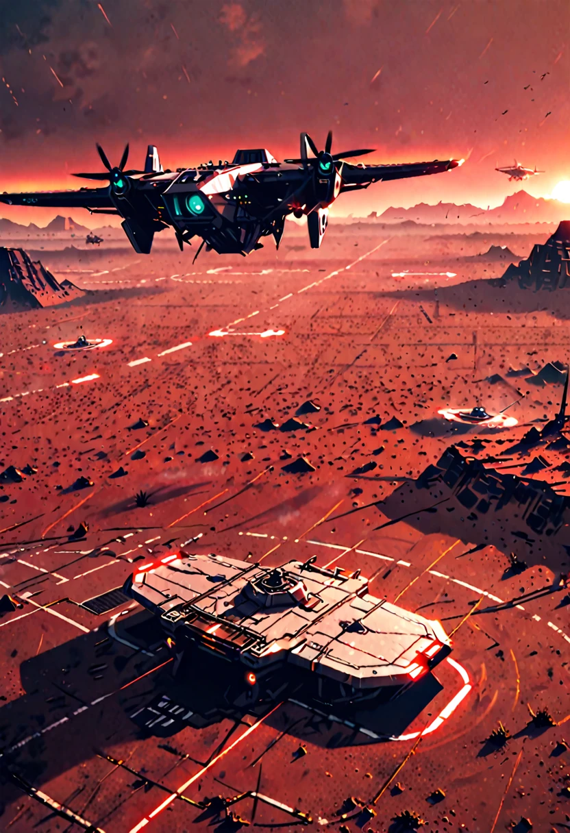 futuristic, small solo skyship during landing ship, vtol, landing pad, red dusk, dusty landscape, desolate, lonely, desert