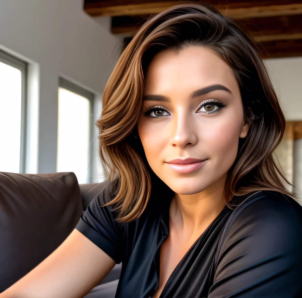 Beautiful 30 year old girl from austria, beautiful face, highly detailed face, short brown hair, sexy jumpsuit, sitting, crossed legs