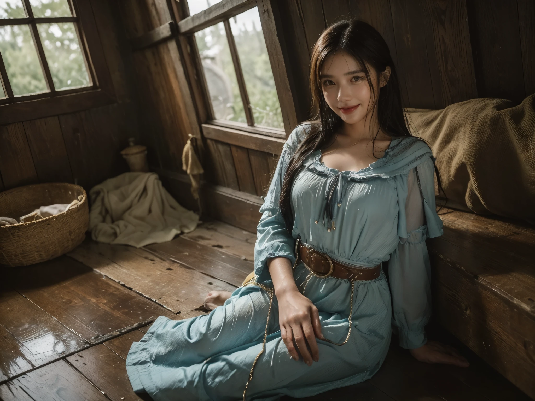(masterpiece, best quality:1.2), cowboy shot, solo, 1girl, 27 yo peasant woman, smile, looking at viewer, peasant dress, capelet, belt, wet clothes, soaked, dripping wet, wet hair, wet skin, translucent, glistening with oil, fully clothed