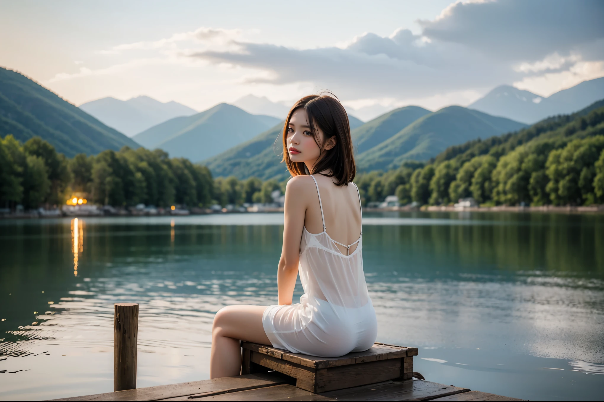 A serene and picturesque scene captures a woman sitting on a dock by a calm lake. She is lost in thought, her gaze cast on the gentle ripples created by a slight breeze. Her reflection is visible on the water's surface, where she gazes back, her eyes full of tranquility. The sky above is a blend of warm oranges and purples, casting a soft glow over the peaceful scene.