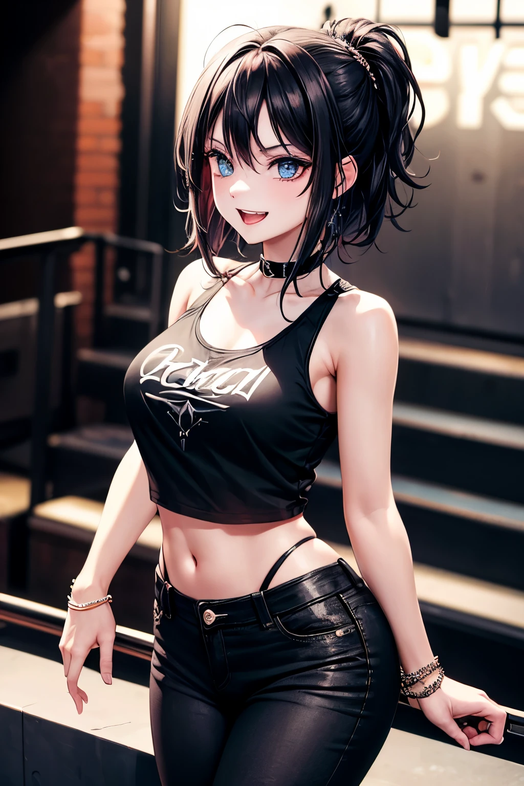 A goth girl who is at a concert shes wearing a rock band tank top with high waisted pantys with black jeans shes makes eye contact and laughs