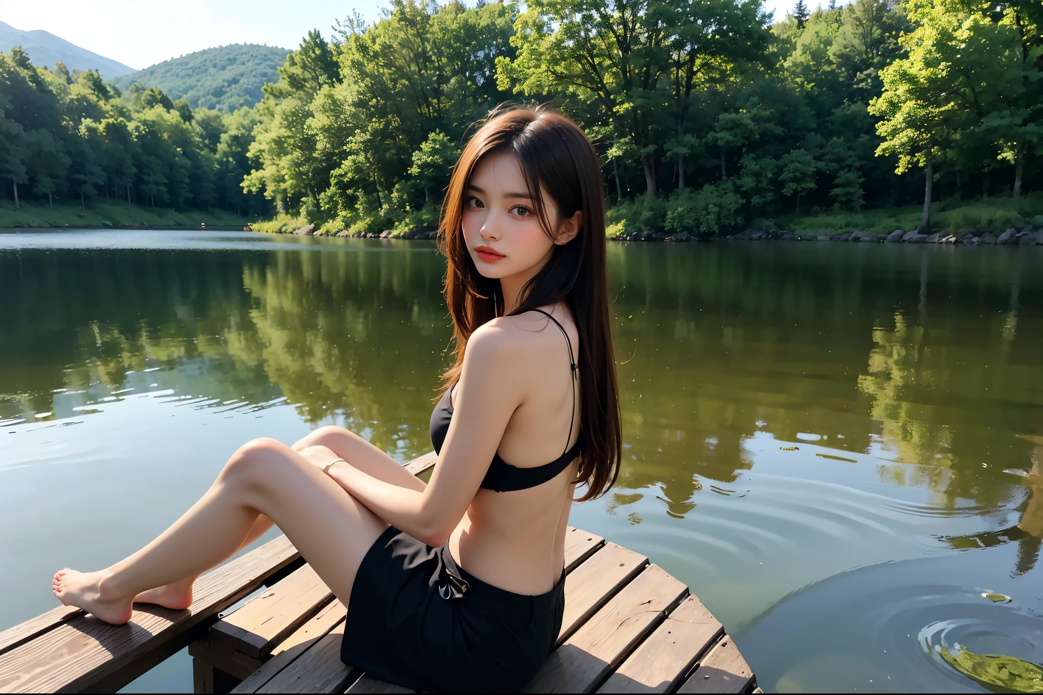 A serene and picturesque scene captures a woman sitting on a dock by a calm lake. She is lost in thought, her gaze cast on the gentle ripples created by a slight breeze. Her reflection is visible on the water's surface, where she gazes back, her eyes full of tranquility. The sky above is a blend of warm oranges and purples, casting a soft glow over the peaceful scene.