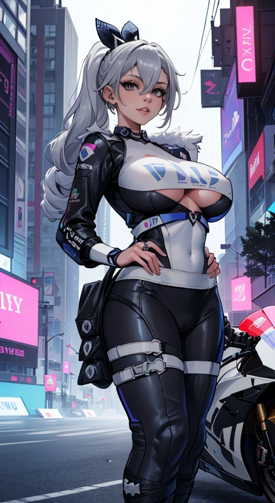 Silver wolf, (beautiful female racer))), ((racing suit) cyberpunk motorcycle behind woman, looking at viewer, mature woman, silver eyes, 8K, HDR, ureal engine, ultra quality, silver long hair, long breasts,, body, 8k, ultra-detailed hoyoverse 1girls white hair busty female huge breasts looking at viewer mature woman  seductive