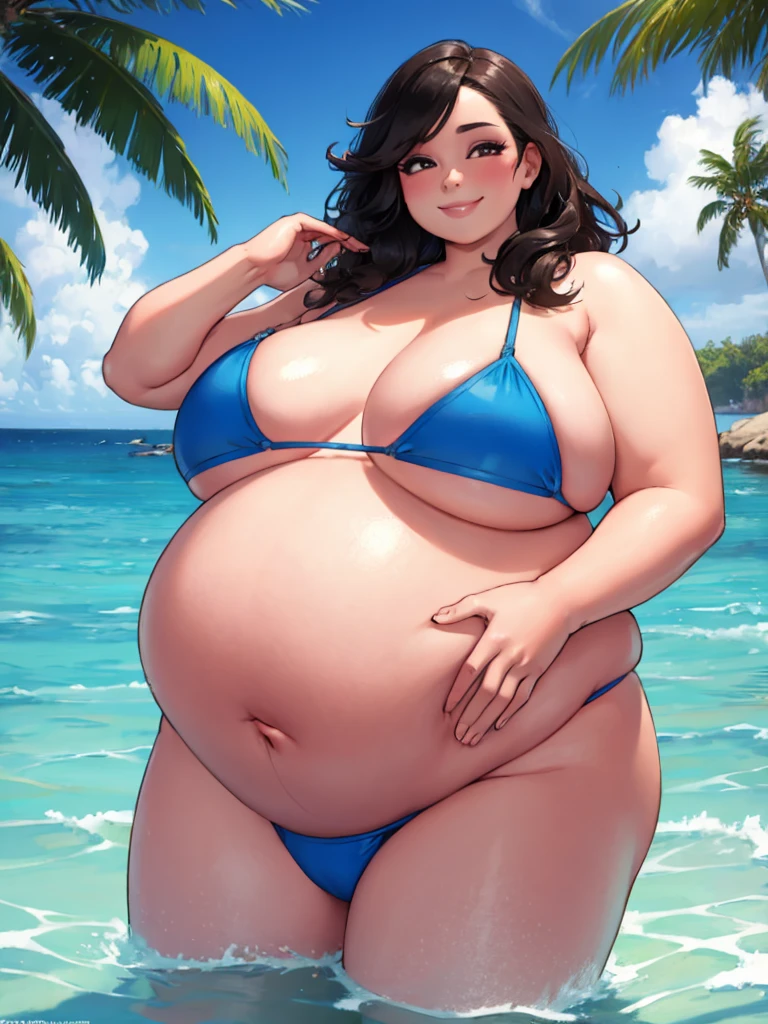 Bbw, fat, obese, overweight, wavy hair, bikini, pregnant, make-up, tropical island, smiling