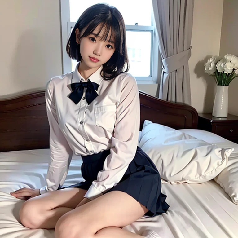 1girl, young japanese woman, 18 years old, very cute, gorgeous beauty, sleeping on bed in dimly lit hotel suite, light grin on face, shy innocent facade, seductive and irresistible, pale smooth complexion, fine detailed eyes, detailed face with dark brown eyes, short hair ponytail, long smooth legs, large round chest, white translucent blouse with bow tie, navy blue skirt, white ankle socks, no panties, slightly worn clothes, realistic lighting with bright highlights, backlight, face lights, cinematic, high-quality, photorealistic, bokeh background, reflective windows, night sky 