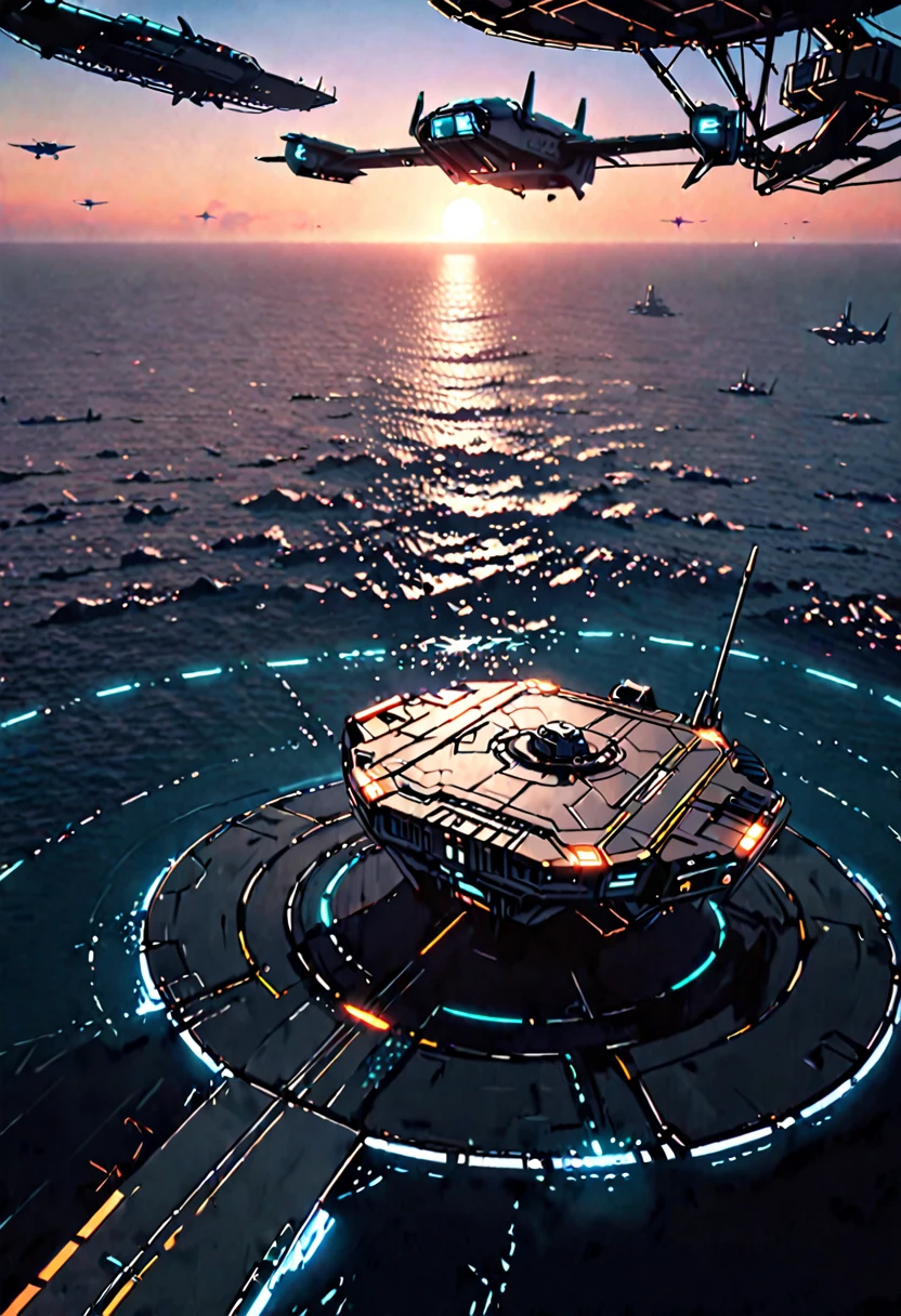 futuristic, small solo skyship during landing ship, vtol, landing pad, dawn, ocean, desolate, lonely, tiny artificial island in the middle of the ocean