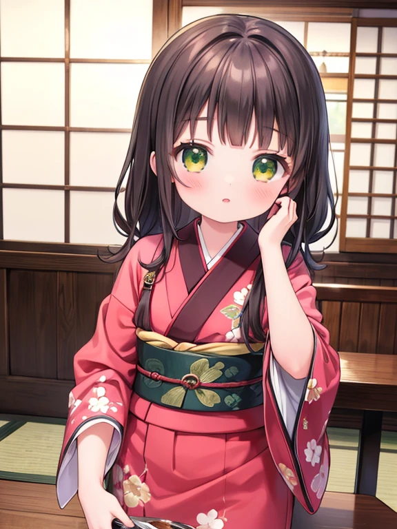 masterpiece, highest quality, Very detailed, 16k, Ultra-high resolution, Cowboy Shot, Detailed face, Perfect Fingers, 18-year-old female,  Inside the sweet shop, Cute kimono-like outfit, table, Chair, Carry dishes, lora:chiya_v3:1