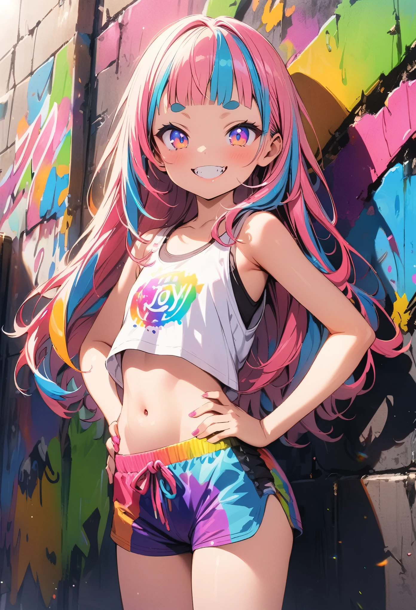 ((Masterpiece)), ((best quality)), (Anime:1.4), (super detail:1.2), (High Definition:1.3), (Professional Photography:1.3), (wide shot), (sharp focus), (perfect light), ((12 years old)), cute young Girl, Glossy unruly hair, (loose blunt bangs), colorful hair, long hair, big eyes, (long eyelashes), ((Thin and short eyebrows)), colorful eyes, (naughty smile), open mouth, jagged teeth, (glossy lips)), Healthy stomach, (Healthy slim body), joy, (cute tanktop), barearms, boxer shorts, cute, (place hand to hip), (colorful:1.3), gothic makeup, (against the graffiti wall),
