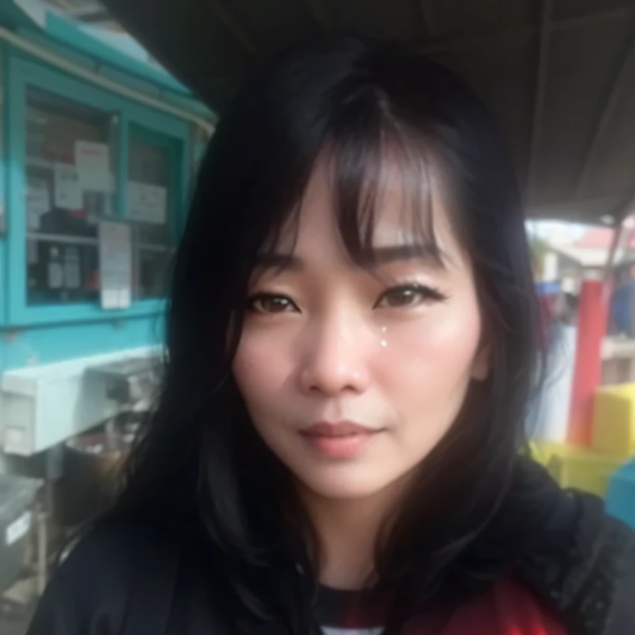 A black-haired woman wearing a red and black shirt stood in front of a blue booth., (38 years old), Niwan Chandra, 4 5 people, happiness, break my spirit, Thawan Duchanee, My Anh Tran, 38 years old, Deborah, photo, Line - Age 4 0, 5 5 them