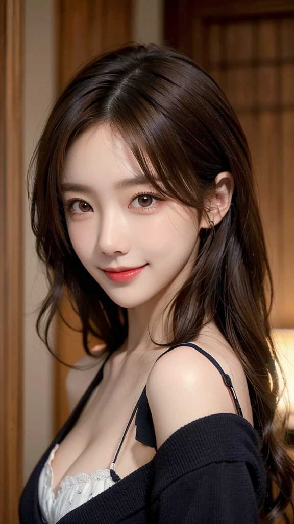 ((masterpiece: 1.4, best quality))+,(ultra detail)+, official art, unity 8k wallpaper, ultra detail, beautiful, high quality, Highlight your cute face, masterpiece, best quality, semi wavy medium length hair, (brown eyes, brown hair), bust, looking straight ahead, smile