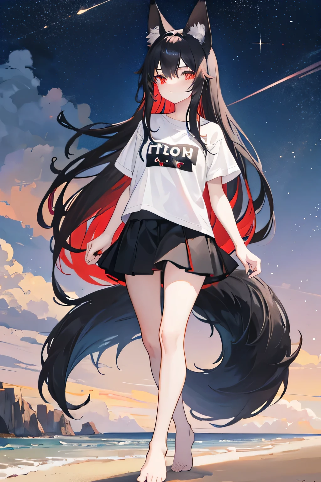 18-year-old girl, black and red long hair, black fox ears and tail, white T-shirt and black skirt, no shoes, walks along the beach at night and looks at the starry sky