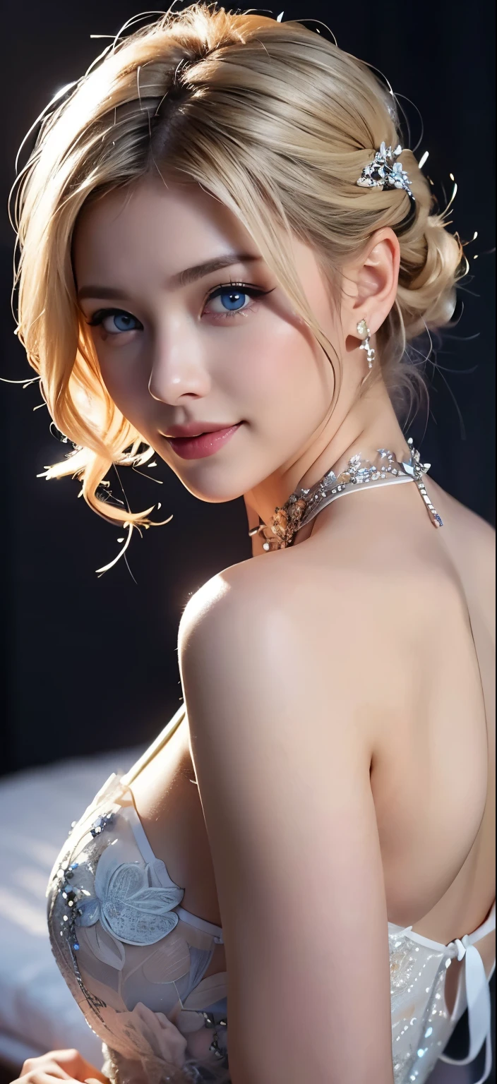 bride、wedding、Luxury floral dress、Slightly Dressed、Formal wear、night景、illumination、blue eyes、blonde、short hair、Hair tied up、Full body photo、Sexy Face、short hair、 A look of complete lust、(((masterpiece)))、((highest quality))、((超Realistic))、成熟したwoman、成熟したwoman、perspective、Very detailed、The perfect temptation、Best image quality、Fine-grained image quality、beautiful、European, woman, French, woman Italian, Italian, smile、blue eyes、jewelry, blue eyes, Realistic, High resolution, Glowing Skin, (Detailed face),tattoo, jewelry, , night, blonde, Wavy Hair,attractive appearance, smile, 