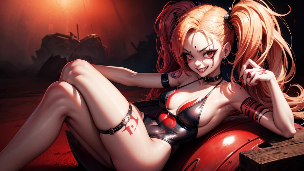 tattoo girl, very beautiful, murderous, Harley Quinn, crazed look, dark background, 8K, dynamic wallpaper, very delicate, very dense, creepy smile, close up to camera, dripping red one piece swimsuit, red beach background, 