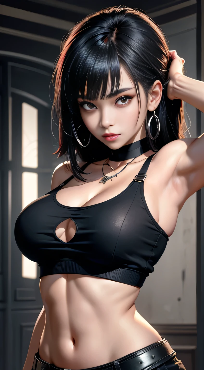 sfw, (masterpiece, best quality, 1girl, solo, intricate details, chromatic aberration), (realistic),(skin), ((breath)),(black hair,blunt bangs),detailed hair, red head ornament, blue highlights, hair over one eye,black eyes, small earrings, sharp eyes, choker,((black crop top )),(black skirt),(belt),open waist,(symmetry eyes),(perfect symmetrical body), night,(((natural light))),backlighting,against grey wall, dim lighting ,look at viewer,((centered shot, from front,(face and waist)))、 wearing bra,((skinny waist)), young asian girl, ((big breasted)),