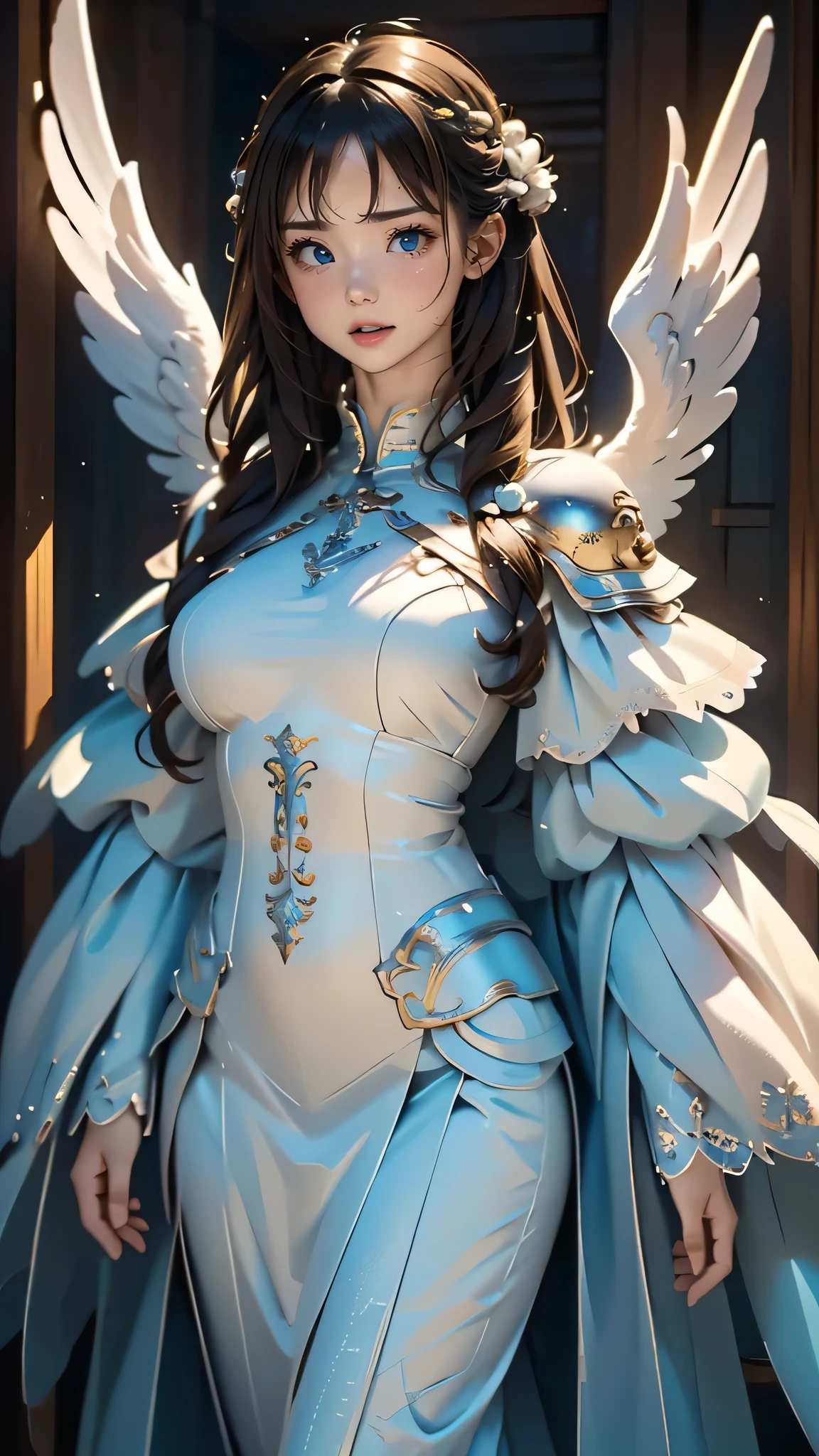 full body,from below,angel armor,Spread your arms and fly down from the sky,(random hairstyle),(Highest image quality,(8k),ultra-realistic,best quality, high quality, high definition, high quality texture,high detail,beautiful detailed,fine detailed,extremely detailed cg,detailed texture,a realistic representation of the face,masterpiece,Sense of presence)