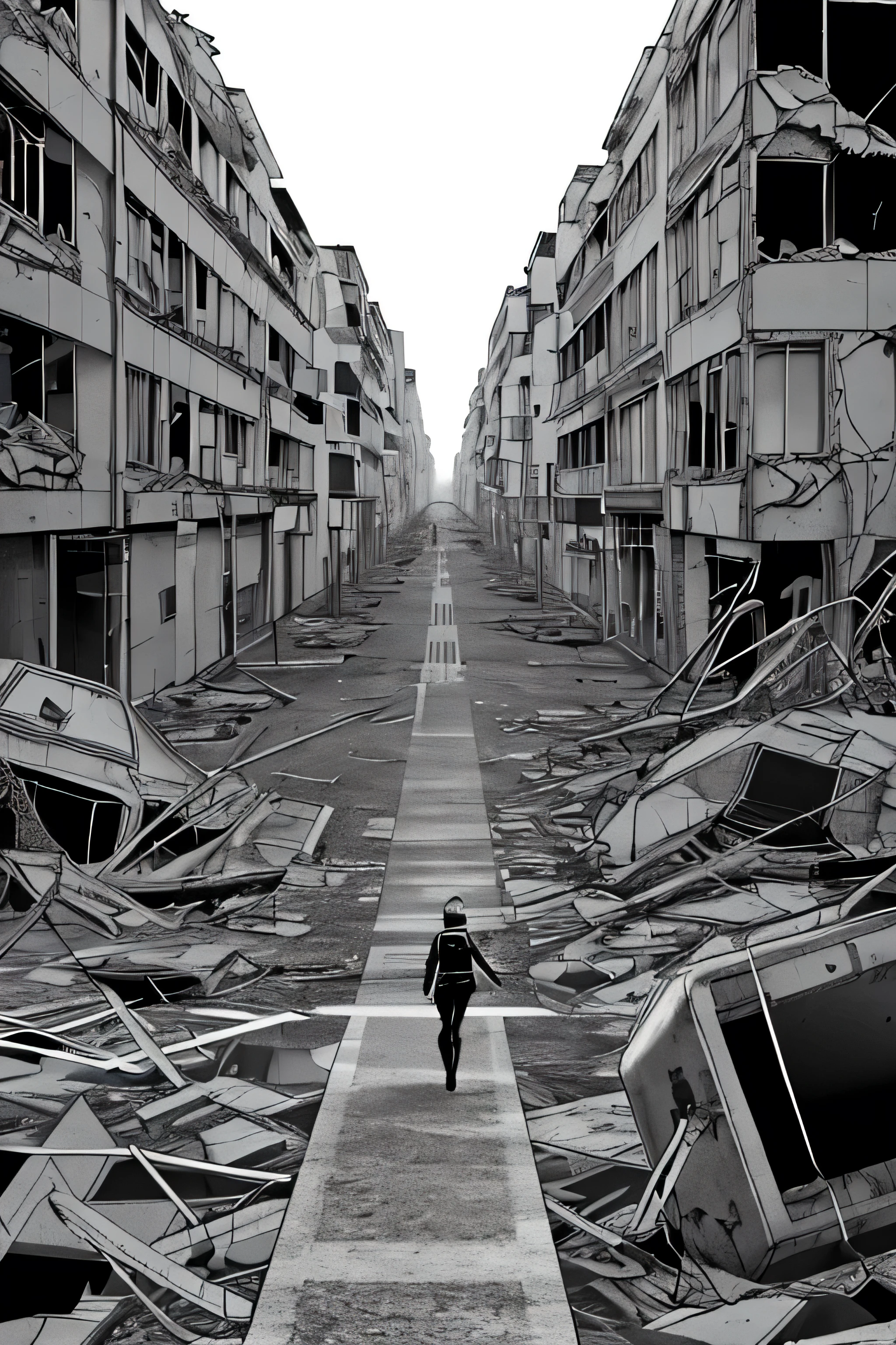 un primer plano de una persona caminando en un ciudad destruida, Grid montage of a person walking in a destroyed city,ilustracion blanco y negro al estilo un primer plano de una persona caminando en un ciudad destruida, Grid montage of a person walking in a destroyed city,ilustracion blanco y negro al estilo ciberpunk