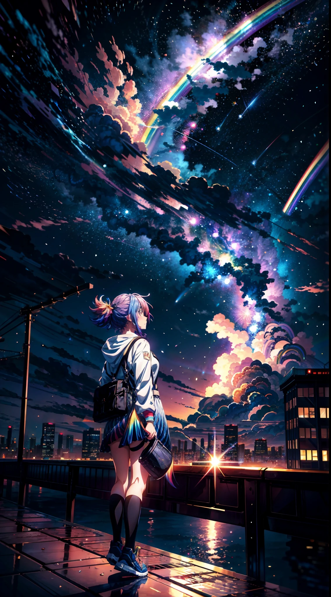 ((Giant Rainbow Shooting Star))、Garota de anime olhando a paisagem da cidade grande,City of the Near Future、 makoto shinkai cyril rolando, Papel de parede de arte anime 4k, Papel de parede de arte anime 4k, Papel de parede de arte anime 8k, inspirado em Cyril Rolando, no estilo dan mumford obra de arte, Amazing wallpapers, por Yuumei