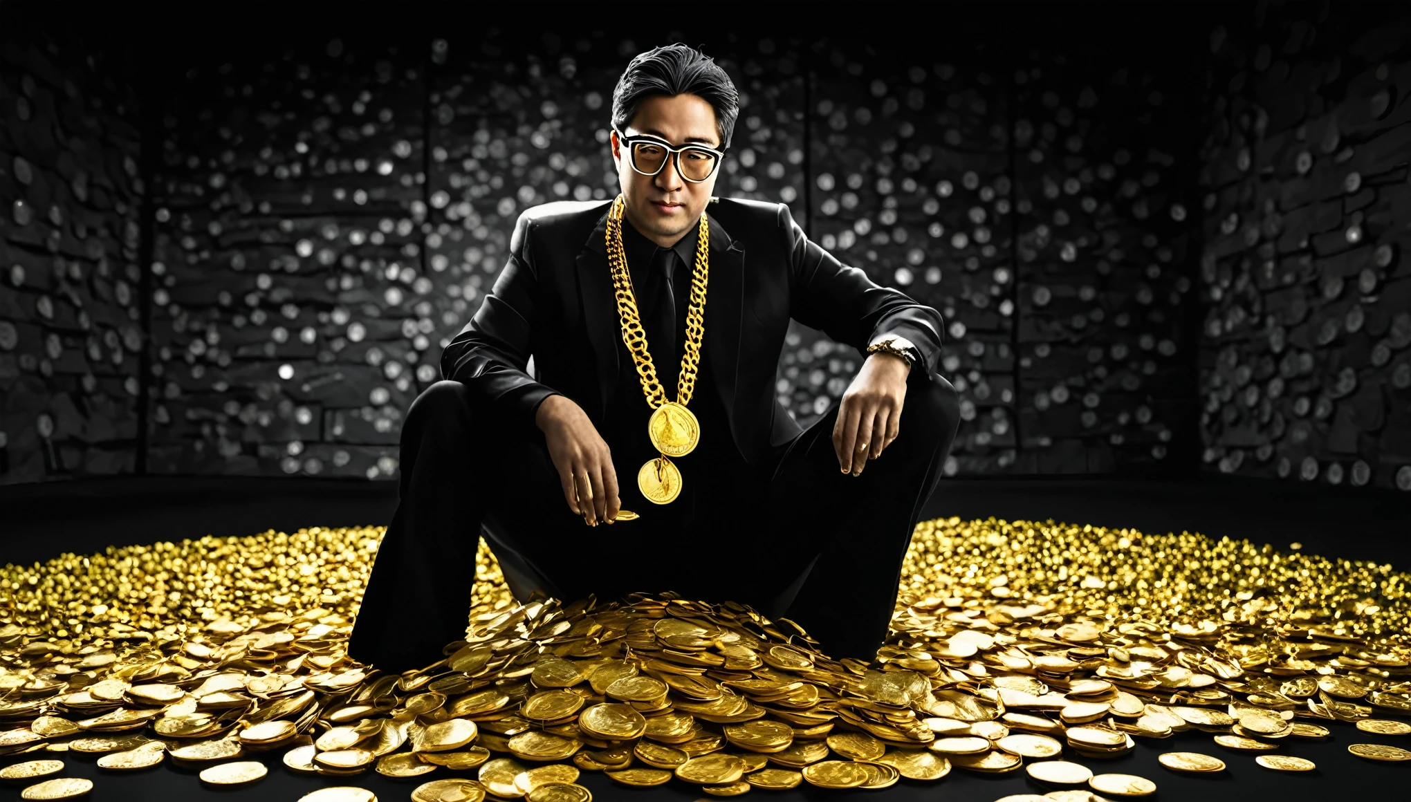 I want a sculpture of  phiGhost as Producer Laptop fl Studiolosophers with a black and white background. The picture should focus on the philosphers holding money or in a meeting and showing wealth. It should be a full-body sculpture with walls or buildings in the back ground. Hyper realistic wearing the gold chain glasses several gold coin scattered on the floor Best for creating fairy horse style and sharp lines.
