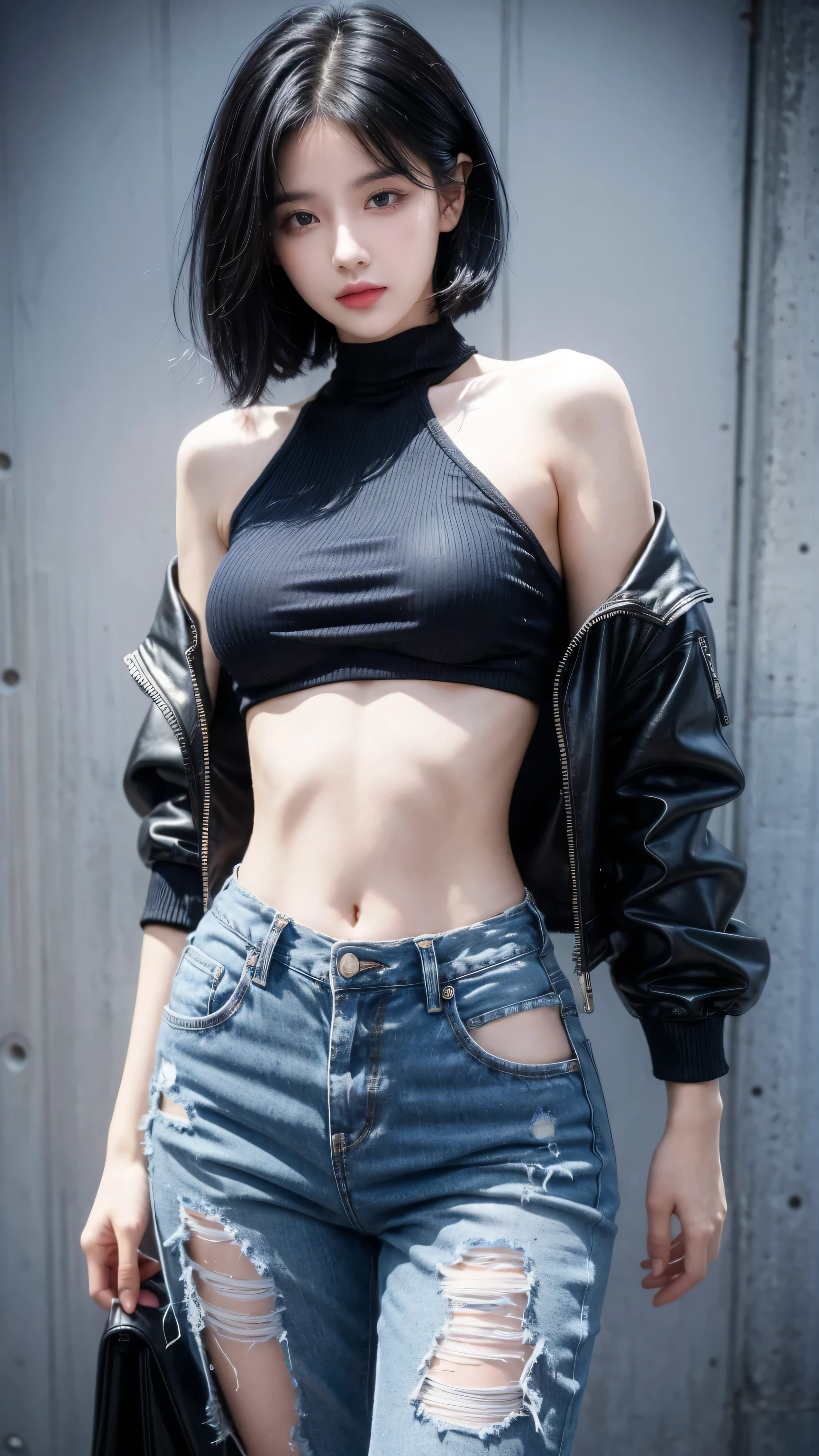 best quality, 1 Girl, dark blue hair, black eyes, Very short hair, Spiky hair, Crop Top Drape, , High waist short jeans, 171 cm, Messy hair, Hair between the eyes, Medium breasts, full, Tomboy, aldult, 20 years old, 1 Girl near pink motorcycle
