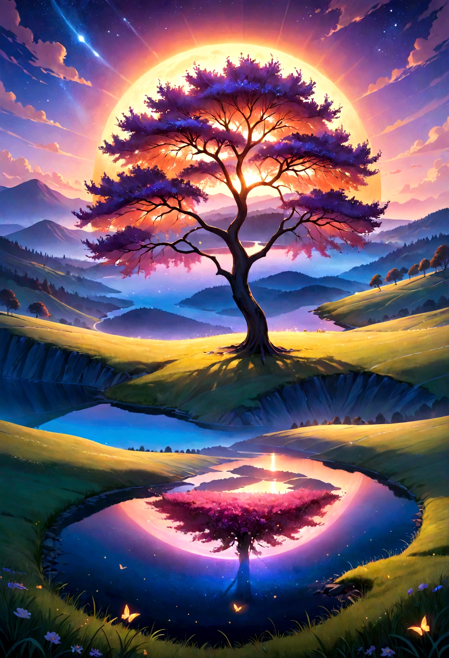 A captivating 3D rendering of a mystical cherry tree dominating a twilight meadow. The tree is adorned with transitions from deep red to soft pink, radiant orange and bluish purple, echoing the stunning colors of the sunset sky. The tree emits a magical glow, with shimmering finishes that seem to contain an inner light. Surrounding the tree is a serene cliff bathed in twilight, with rolling hills and a blue lake reflecting the vibrant sky. Fireflies gracefully dance around the tree, adding to the enchanting atmosphere. This delicate balance of light and dark creates a mesmerizing scene, evoking the beauty and mystery of a dark fantasy landscape.