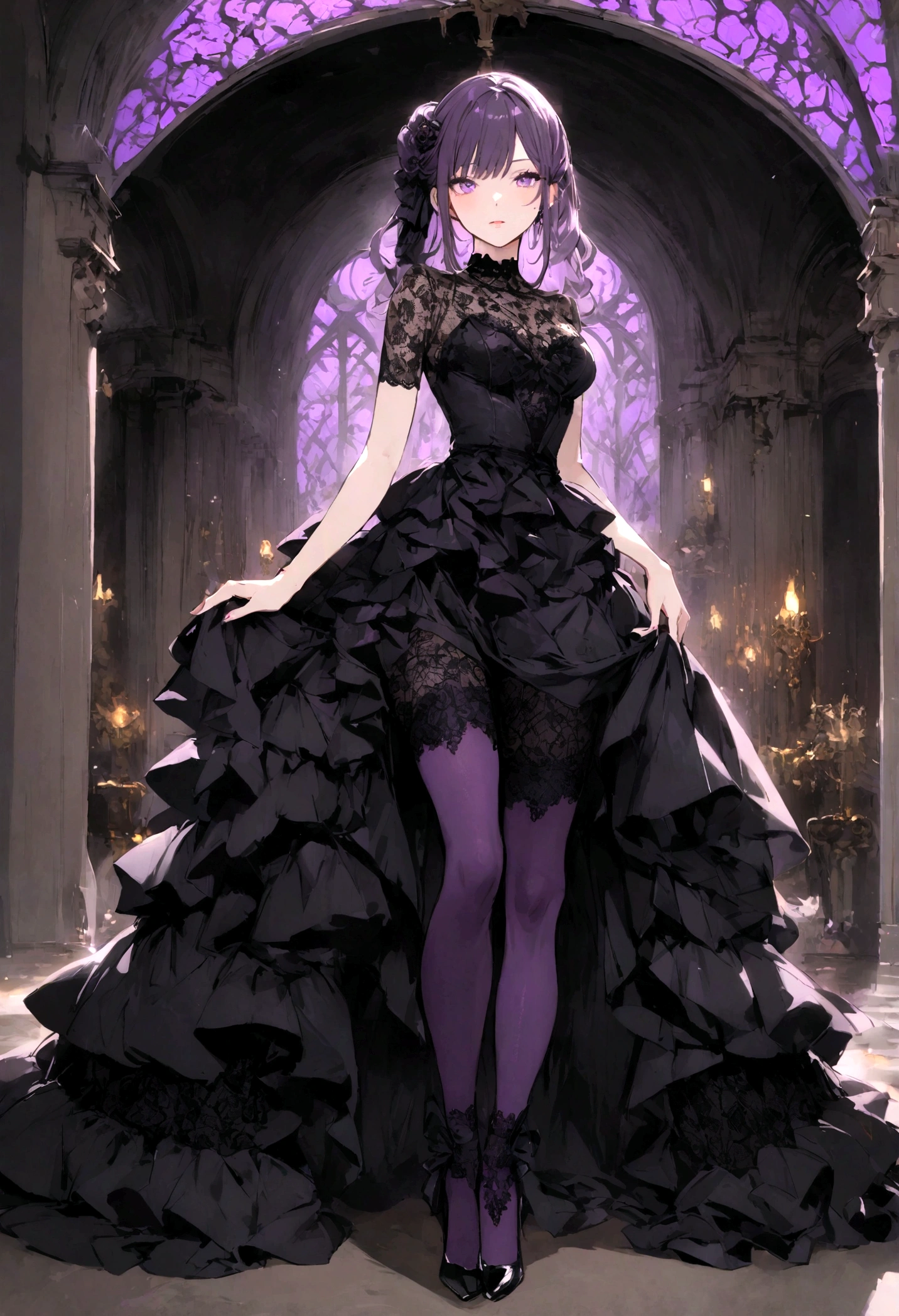 wearing black and purple stockings, high heels, lace
